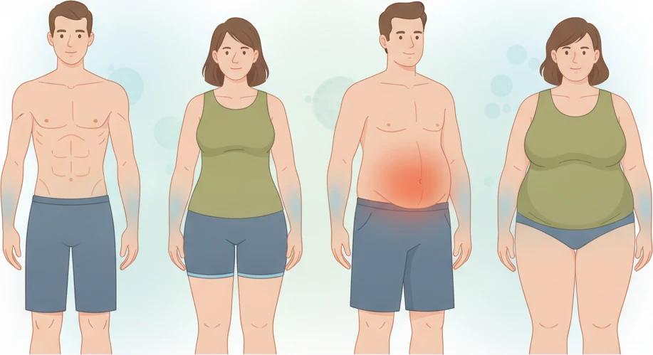 An illustration of different body types with varying fat distribution, highlighting abdominal fat versus overall body fat, to explain body composition changes.