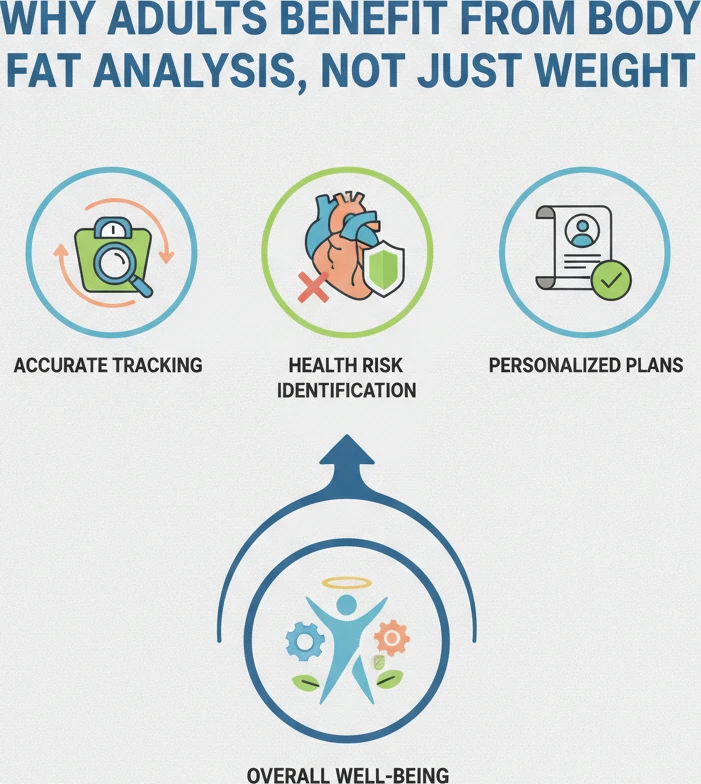 A detailed infographic showing the benefits of body fat analysis, with icons representing accurate tracking, health risk identification, and personalized plans, all contributing to overall well-being 