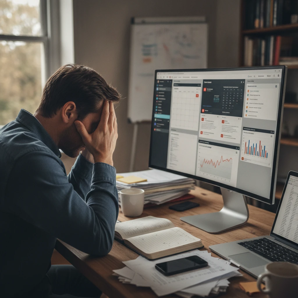 A person sitting at a desk looking stressed, with multiple tasks on their computer screen and papers scattered around, illustrating the invisible burden of daily stress.