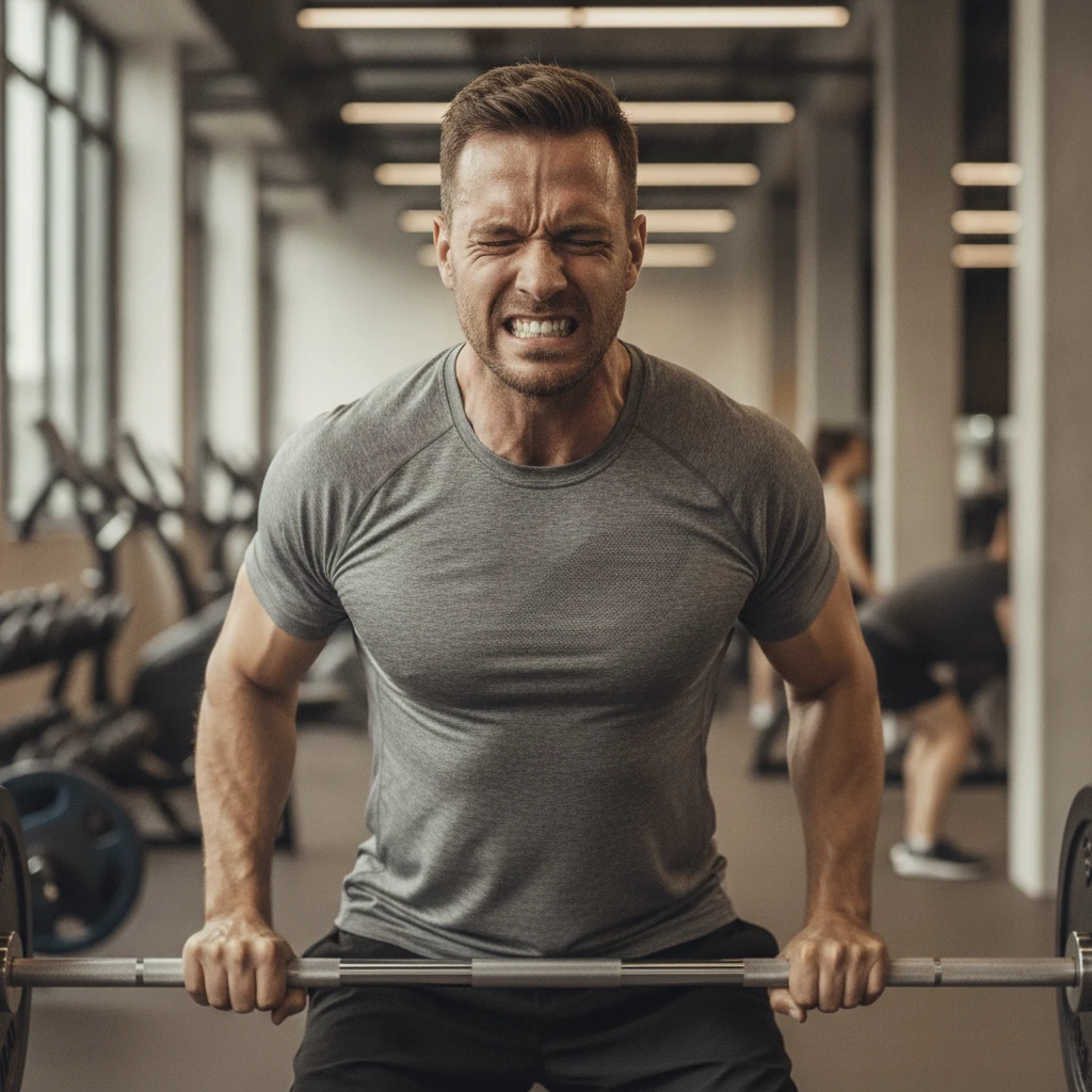 An adult struggling to lift weights in a gym, looking fatigued and frustrated, symbolizing the counterproductive partnership between stress and fitness goals.