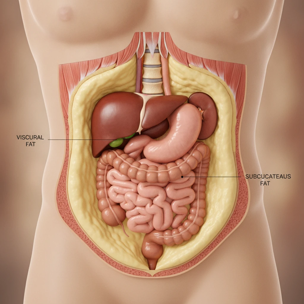 Cross-section diagram illustrating the difference between subcutaneous fat and visceral fat surrounding internal organs.