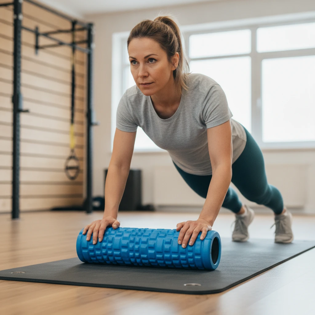 An adult woman in her 40s demonstrates proper foam rolling technique on her quadriceps, using a medium-density foam roller on a gym mat. She maintains good posture with her core engaged, in a well-lit