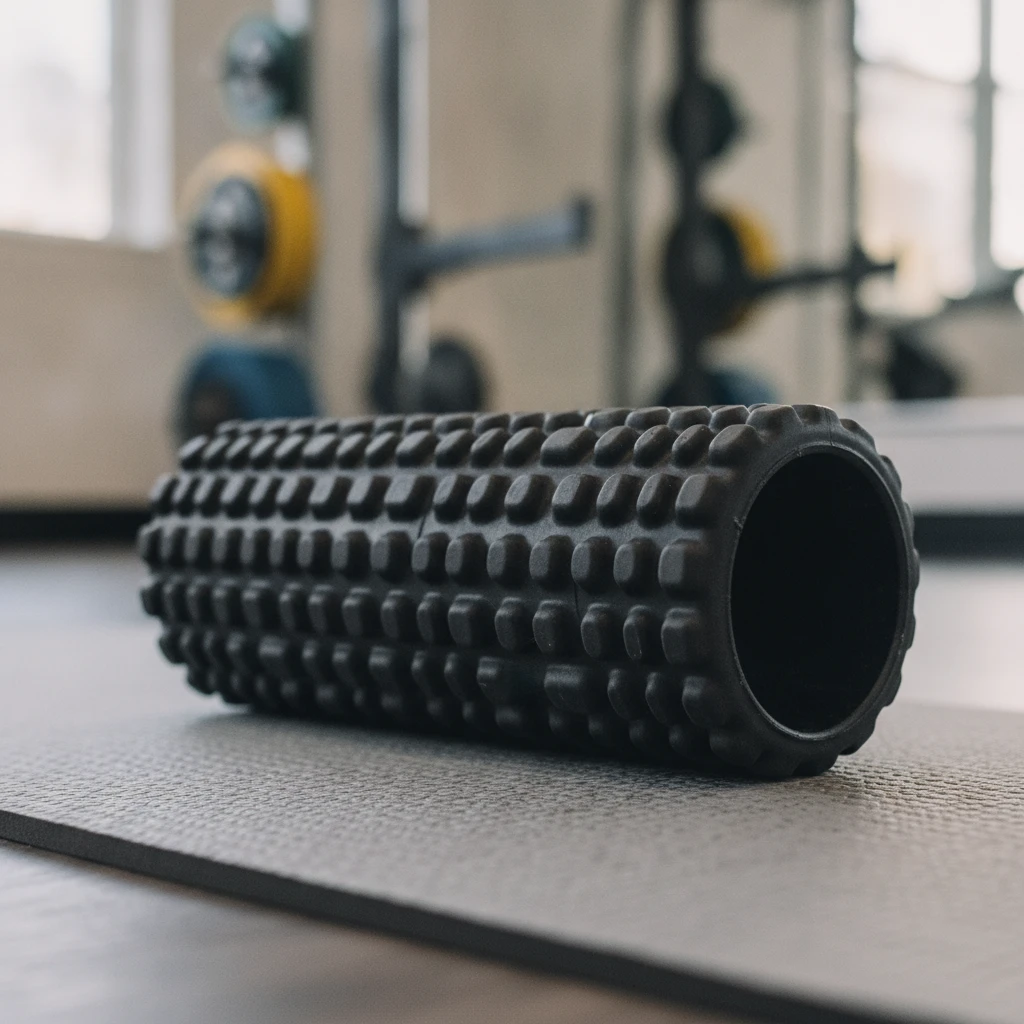 A close-up shot of a textured black foam roller resting on a yoga mat, with blurred background elements of a gym. The focus is on the varied surface of the roller designed for deep tissue massage.