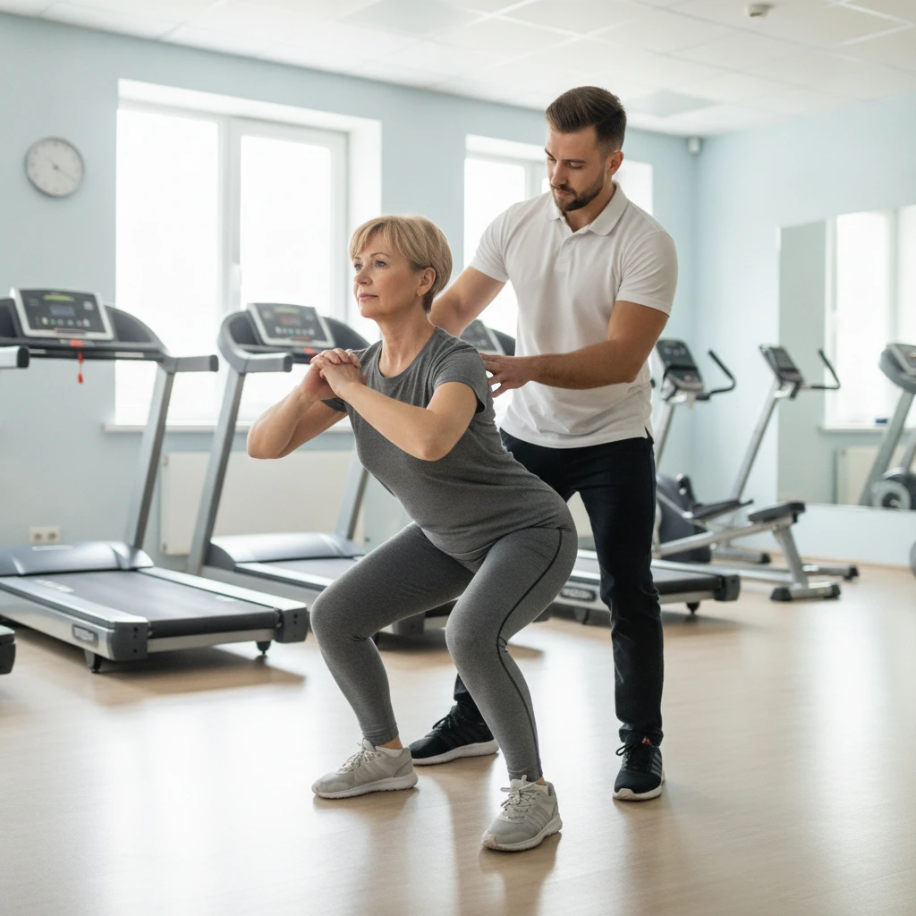 A person in a medical fitness setting performing a guided exercise with a trainer, focusing on proper form and safety. The setting is clean and professional.