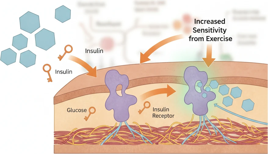 A detailed diagram showing glucose molecules entering a muscle cell with the help of insulin, highlighting the role of exercise in increasing insulin receptor sensitivity.
