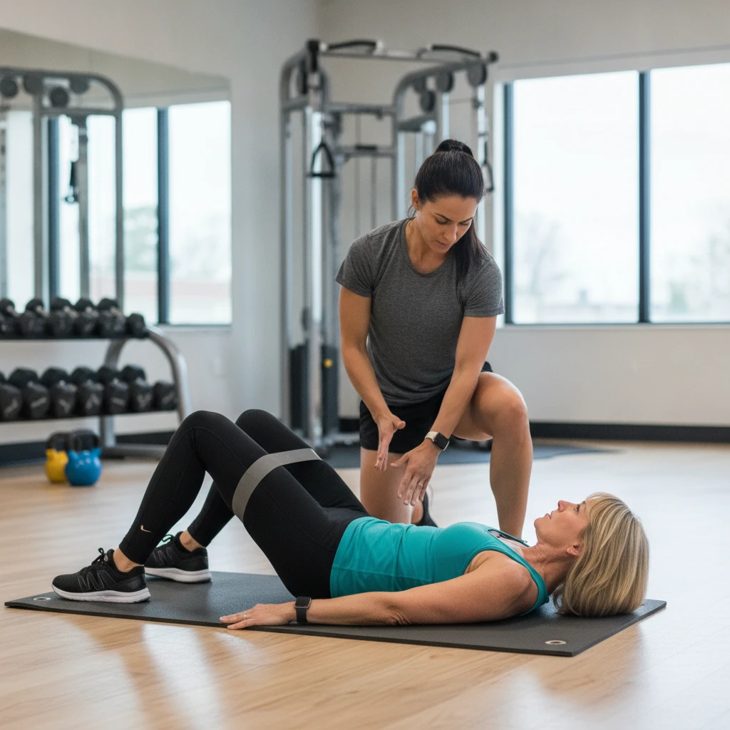 An Allentown personal trainer guiding an adult client through a low-impact resistance exercise, focusing on proper form and core engagement in a modern gym setting. The client is a woman in her 40s, a