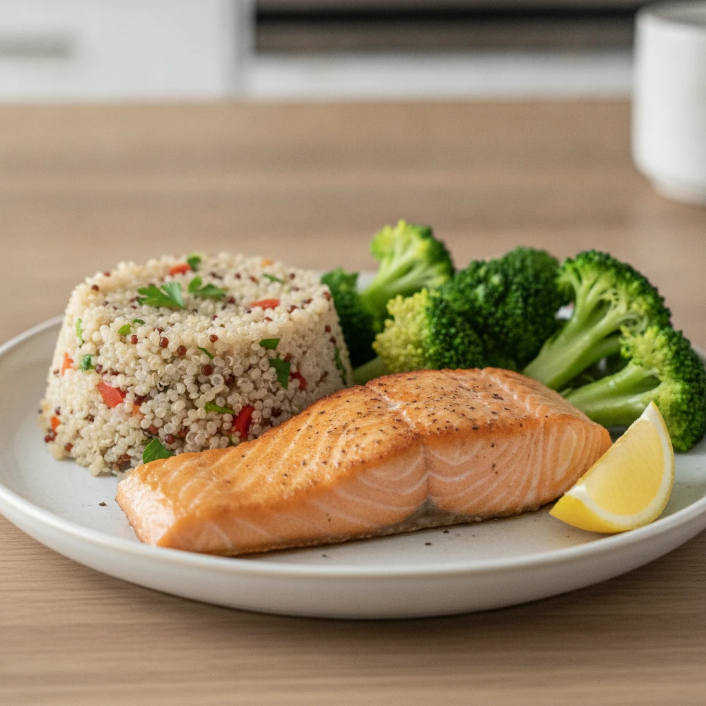 A detailed plate of a balanced, healthy meal with grilled salmon, quinoa, and steamed broccoli, illustrating personalized nutrition. The meal is visually appealing and portion-controlled.