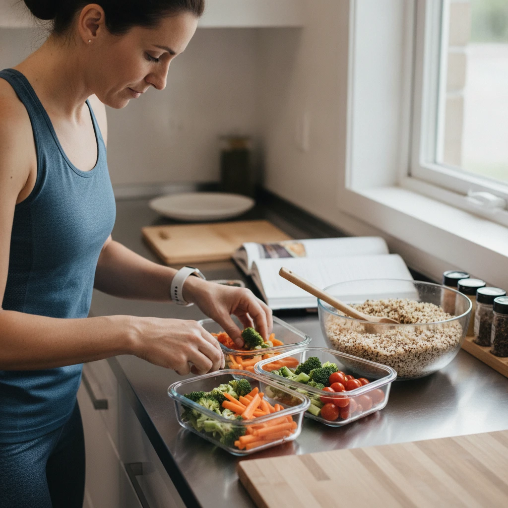 A person meticulously organizing pre-chopped vegetables and cooked grains into clear, airtight containers in a clean kitchen, representing efficient meal preparation.