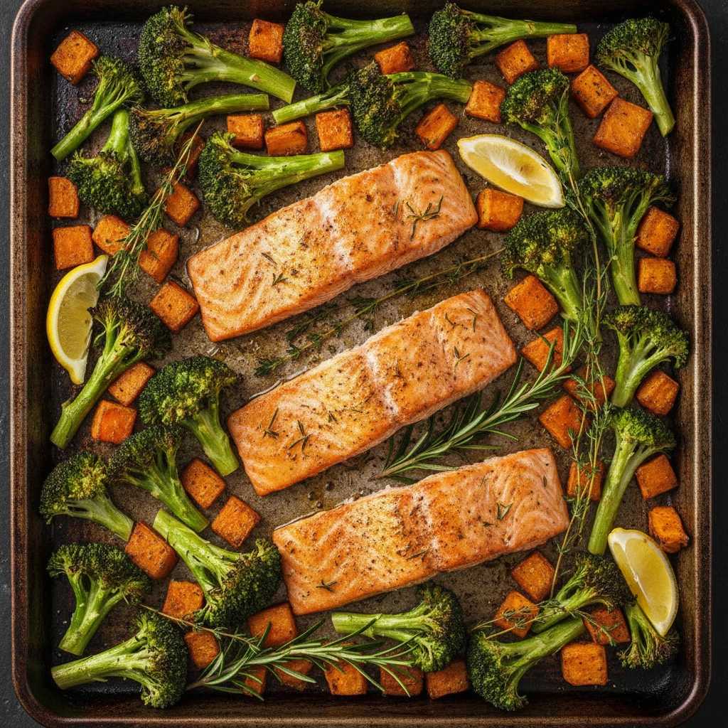 A colorful and well-balanced sheet pan dinner featuring roasted salmon fillets, bright green broccoli florets, and cubed sweet potatoes, all cooked together.