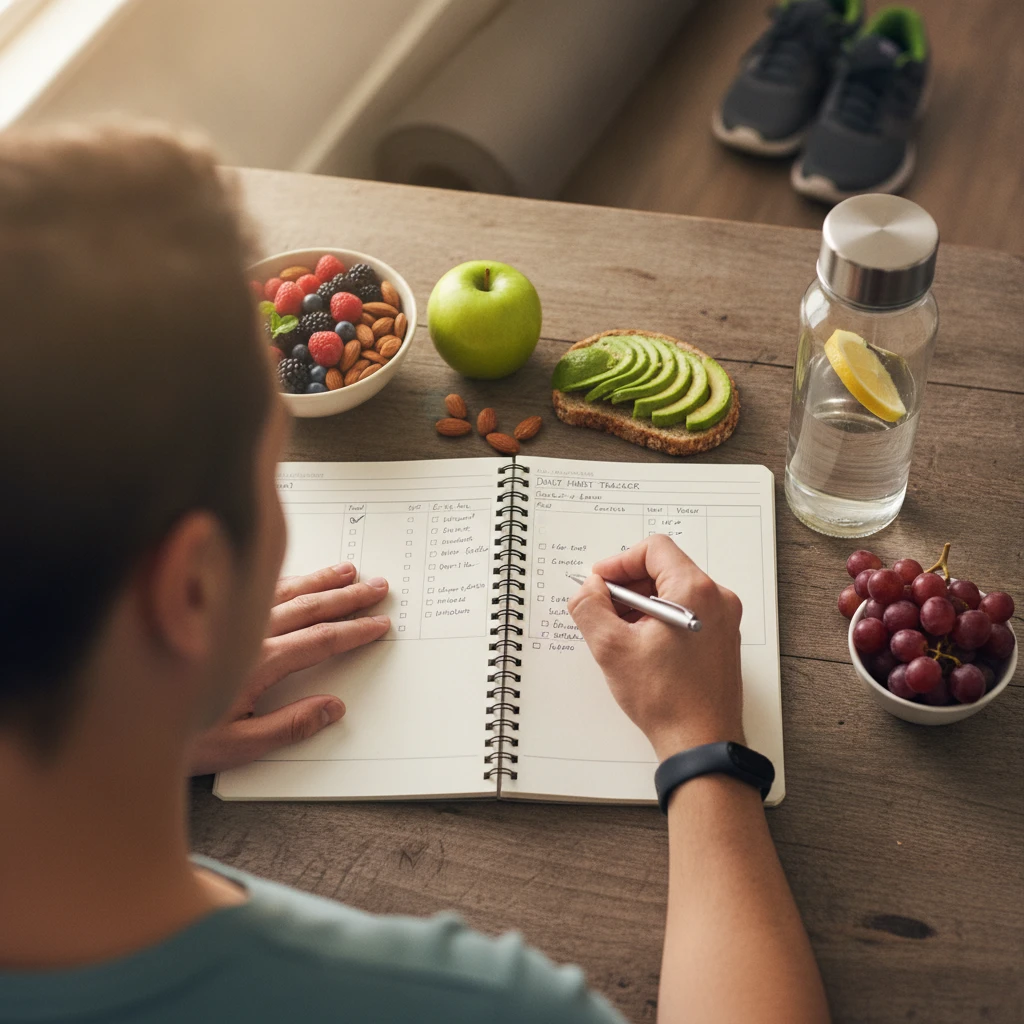 A person diligently writing in a journal, surrounded by healthy food items and a water bottle, symbolizing habit tracking and conscious choices.