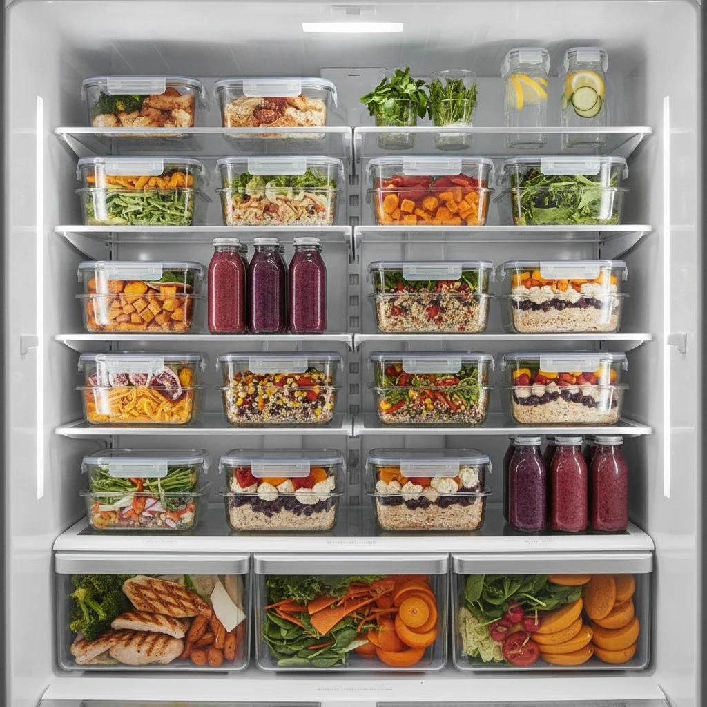 A colorful array of meal-prepped containers, neatly organized in a refrigerator, ready for the week, symbolizing efficient planning.