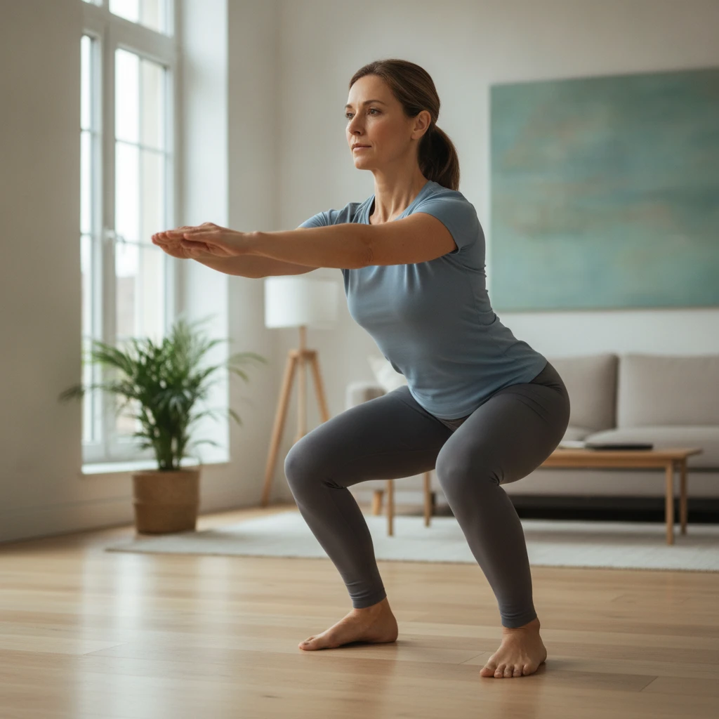 An adult in their 40s demonstrating a bodyweight squat with good form in a living room setting, illustrating functional movement for daily tasks.