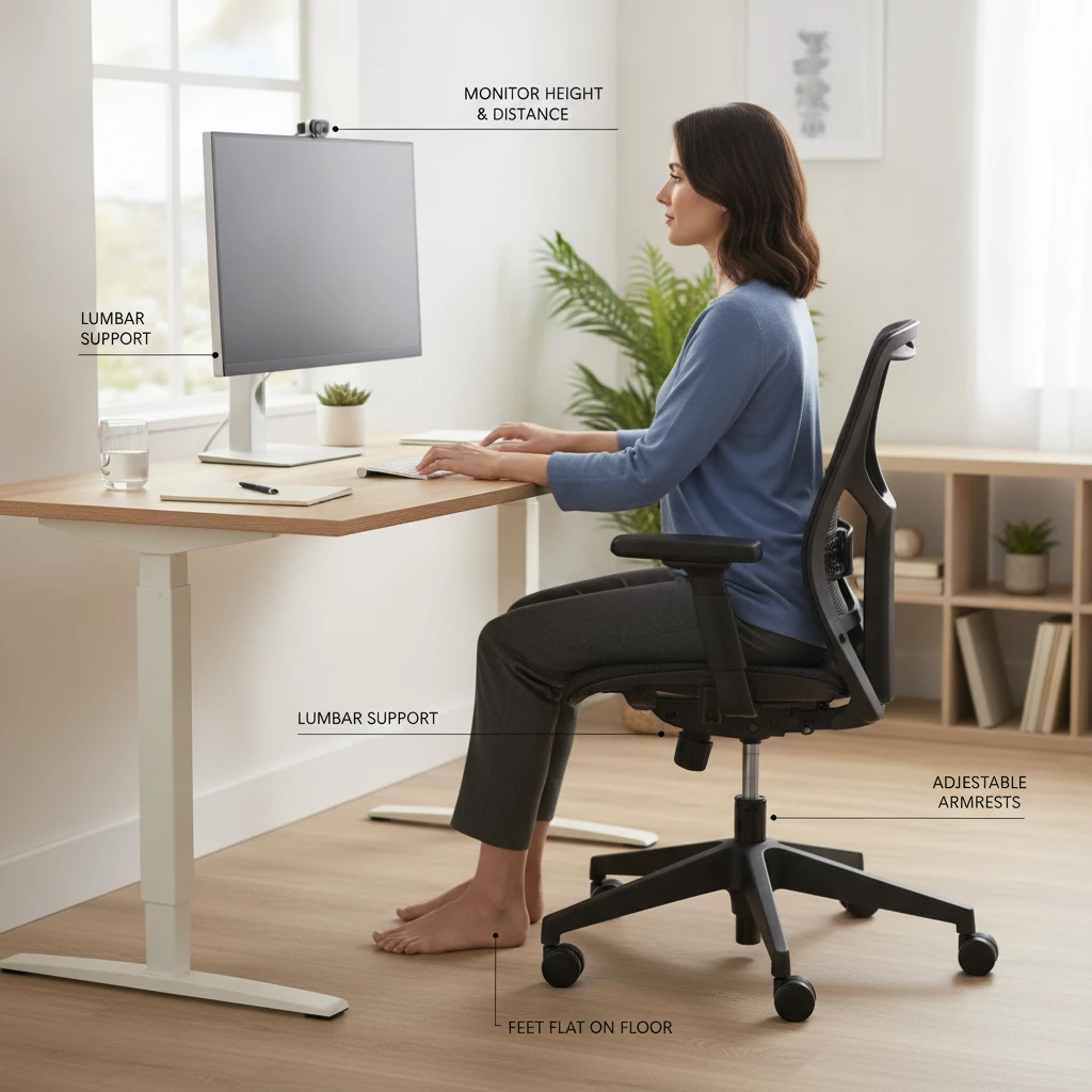 An illustration of an ergonomically correct desk setup showing a person sitting with good posture, feet flat, monitor at eye level, and arms at 90-degree angles. Labels highlight key adjustment points