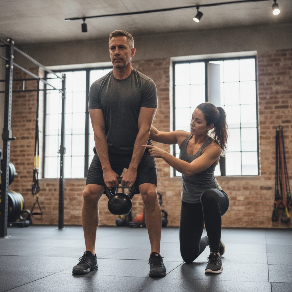 An adult male (40s) performing a controlled kettlebell deadlift with a personal trainer observing and providing form cues in a well-lit gym setting. Focus is on proper technique and safe movement.