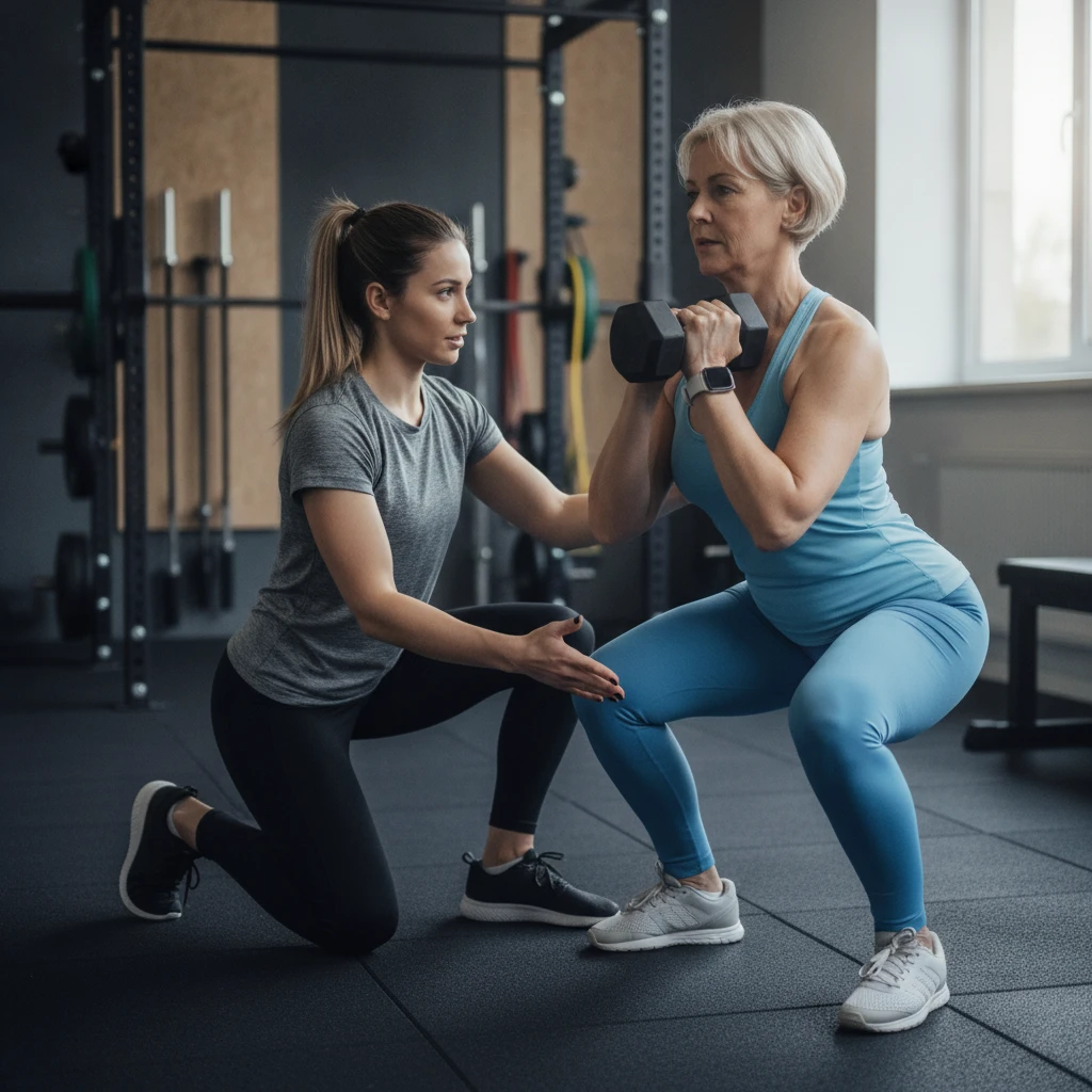 A professional personal trainer assisting an adult female (50s) with a goblet squat using a dumbbell. The trainer is observing her form closely, ensuring proper depth and back alignment, emphasizing s