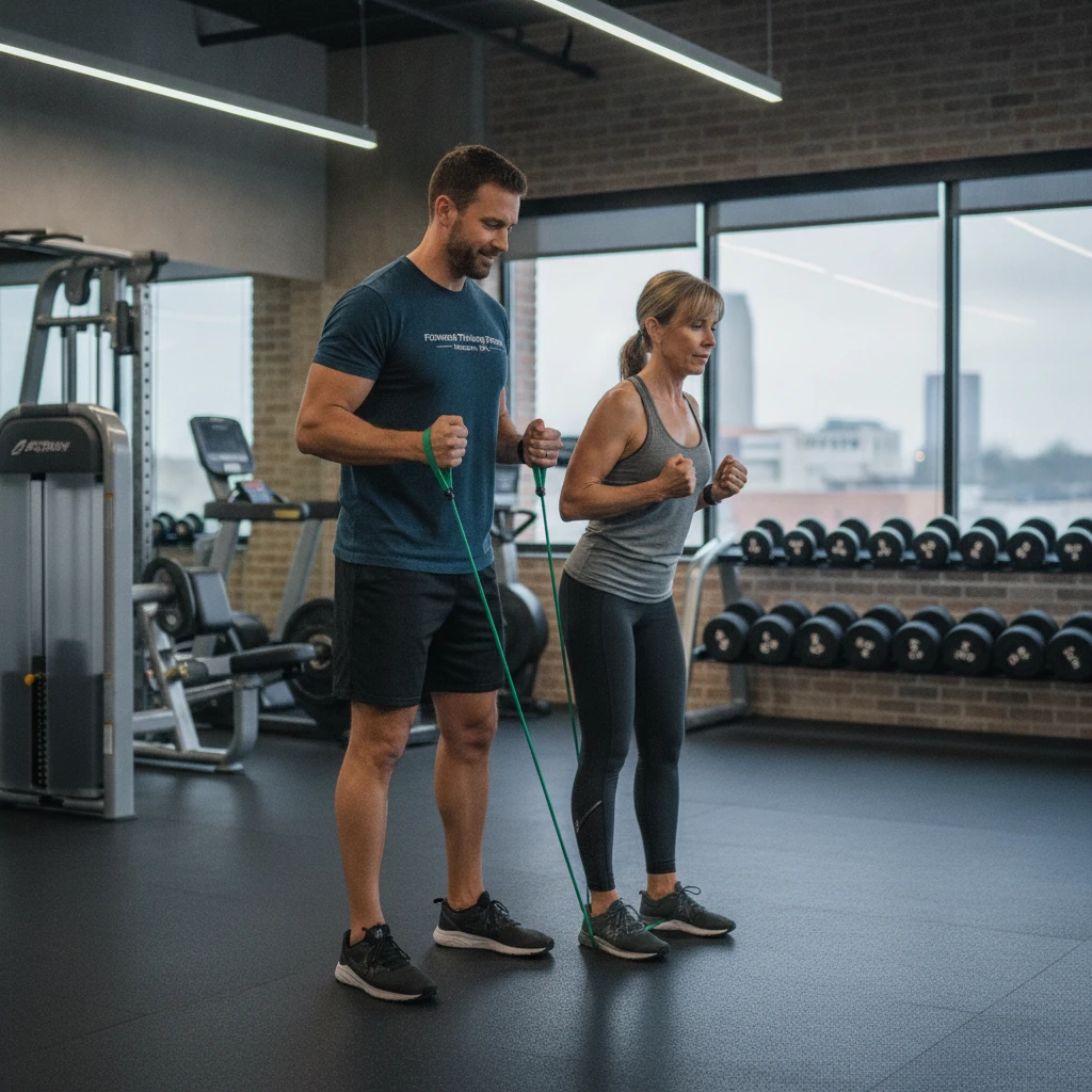 A professional fitness coach in Allentown, PA, demonstrates a resistance band exercise to an adult client in a modern gym setting, highlighting personalized instruction.