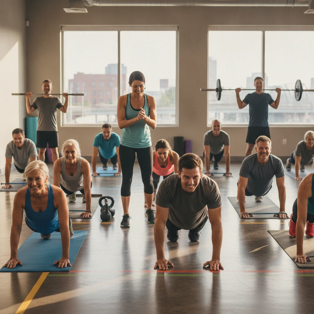 A diverse group of adults aged 30-65 engaged in a varied fitness session in Allentown, PA, featuring strength training, mobility drills, and stretching, led by a motivating coach.