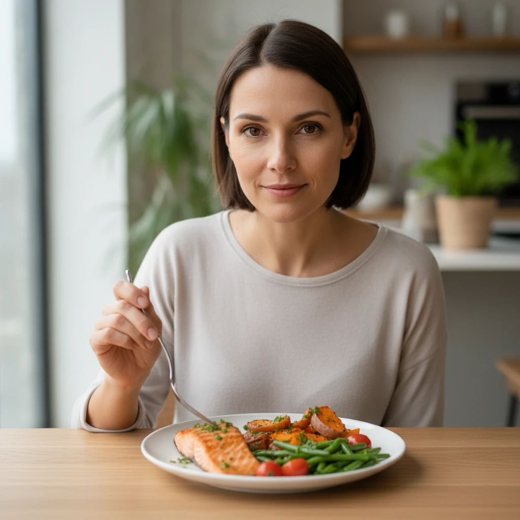 An adult gently placing a fork down, making eye contact with a plate of food, symbolizing mindful eating and portion awareness.