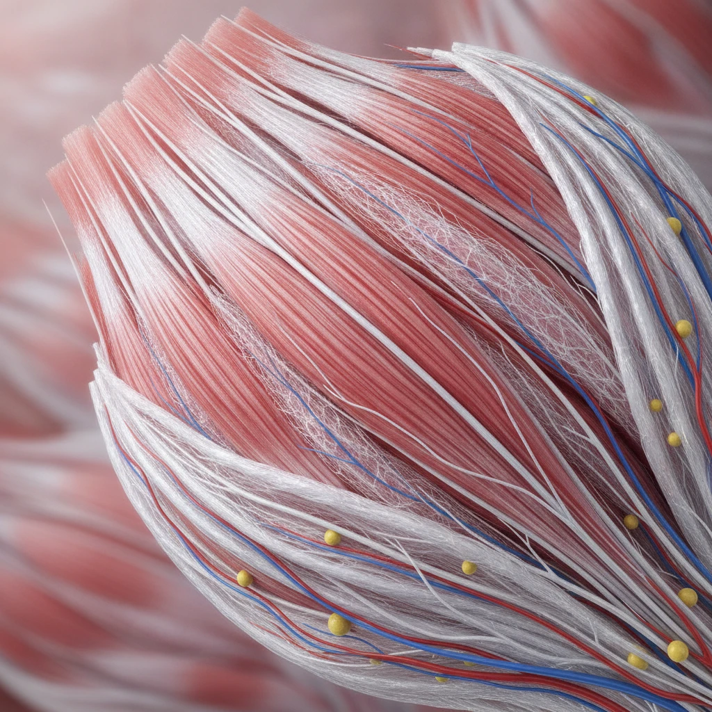 Anatomical illustration showing a cross-section of muscle fibers wrapped in fascial layers, emphasizing the interconnected