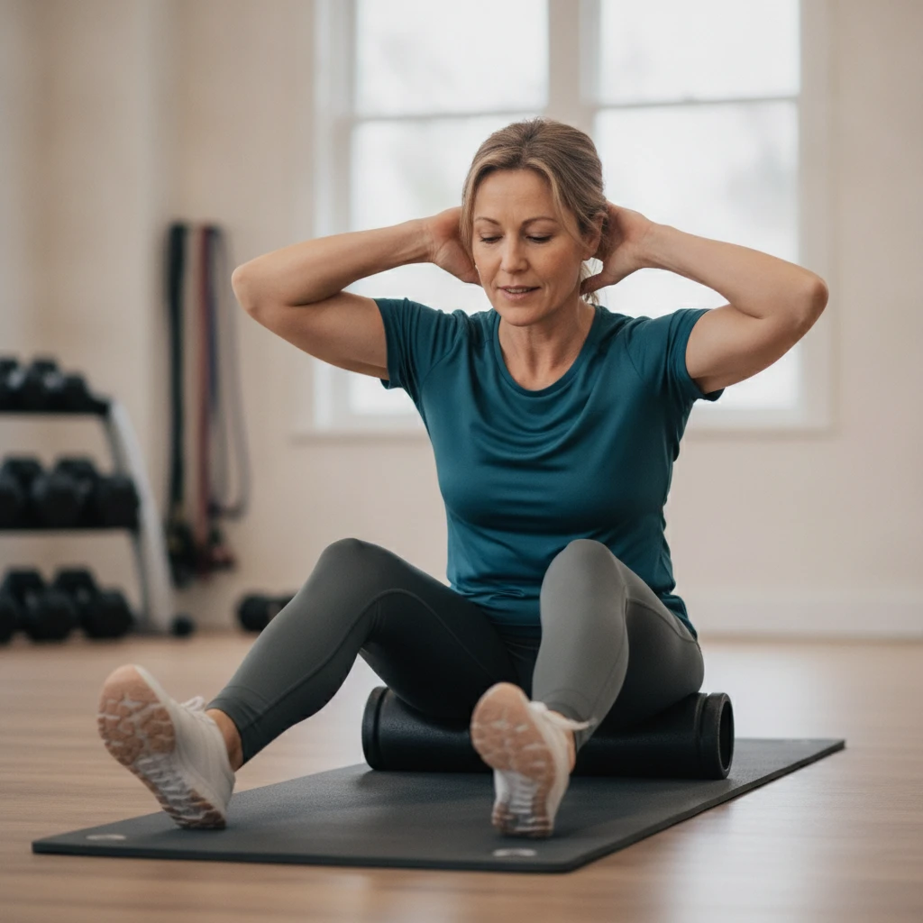 A person performing a foam rolling exercise on their upper back, demonstrating a self-myofascial release technique to improve flexibility and reduce fascial restrictions.