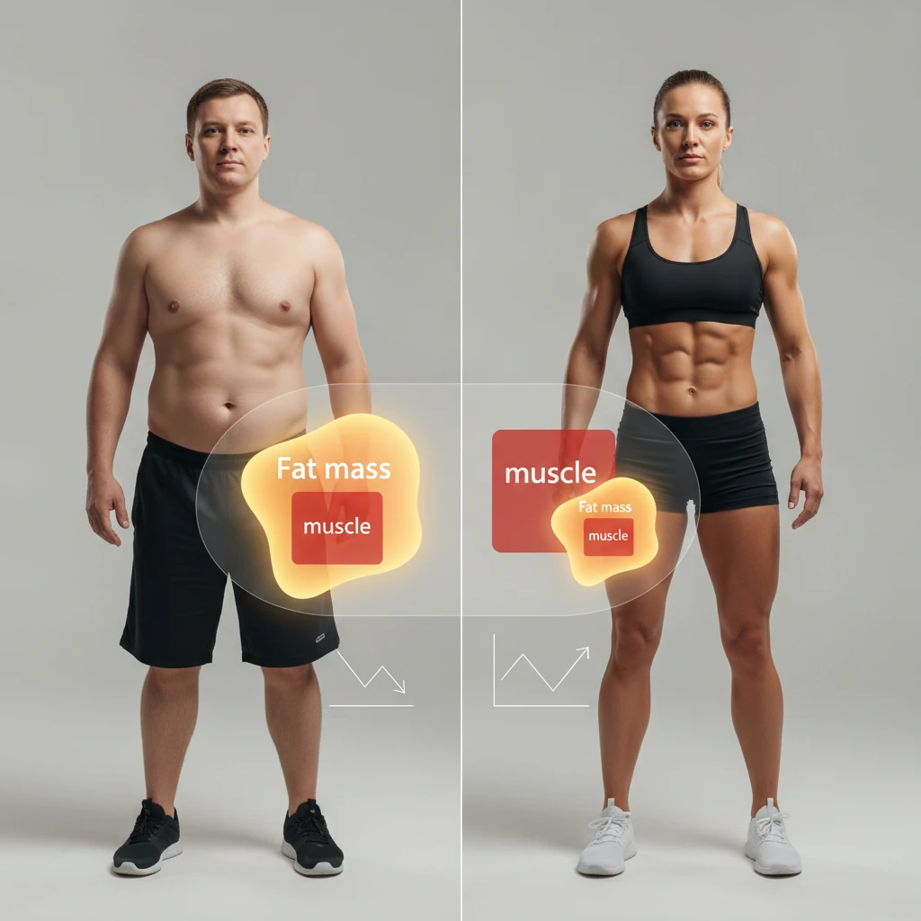 A graphic illustrating the difference between fat mass and muscle mass, showing how two people of the same weight can have very different body compositions and health levels.
