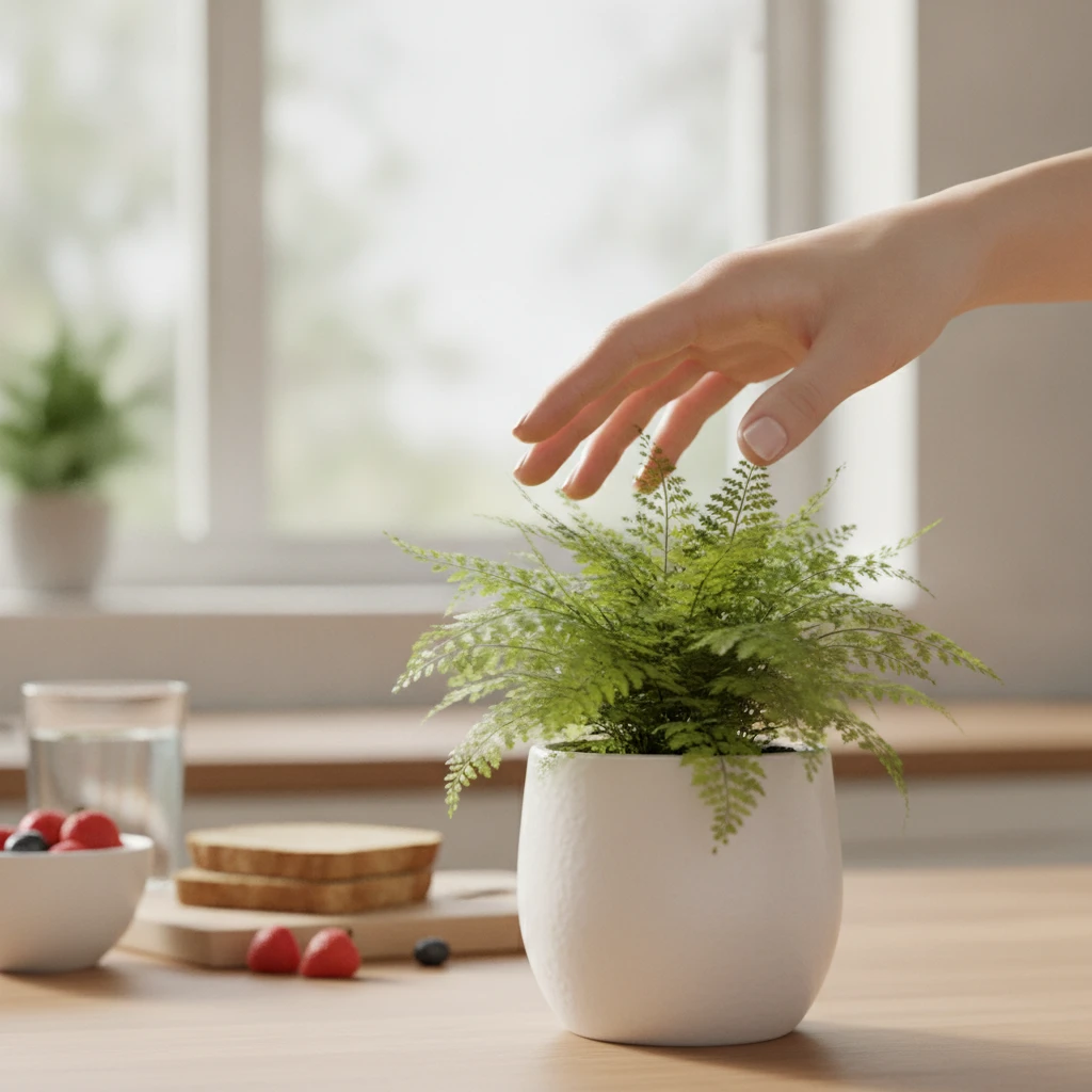 A person gently placing a hand on a small potted plant, symbolizing growth, care, and sustainable habits for long-term health.