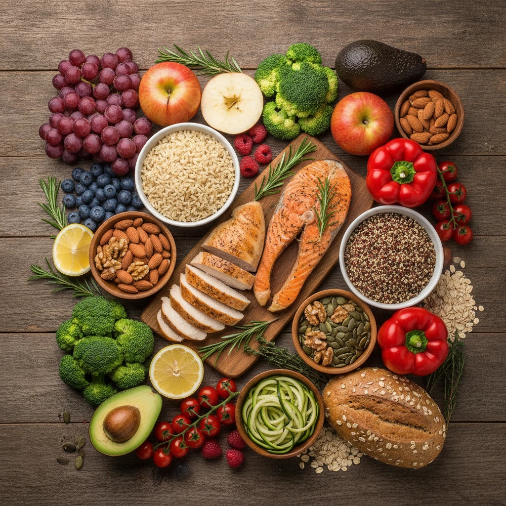 A vibrant flat lay of various whole, unprocessed foods like colorful fruits, vegetables, lean protein sources (chicken breast, fish), whole grains, and nuts, arranged aesthetically on a rustic wooden 