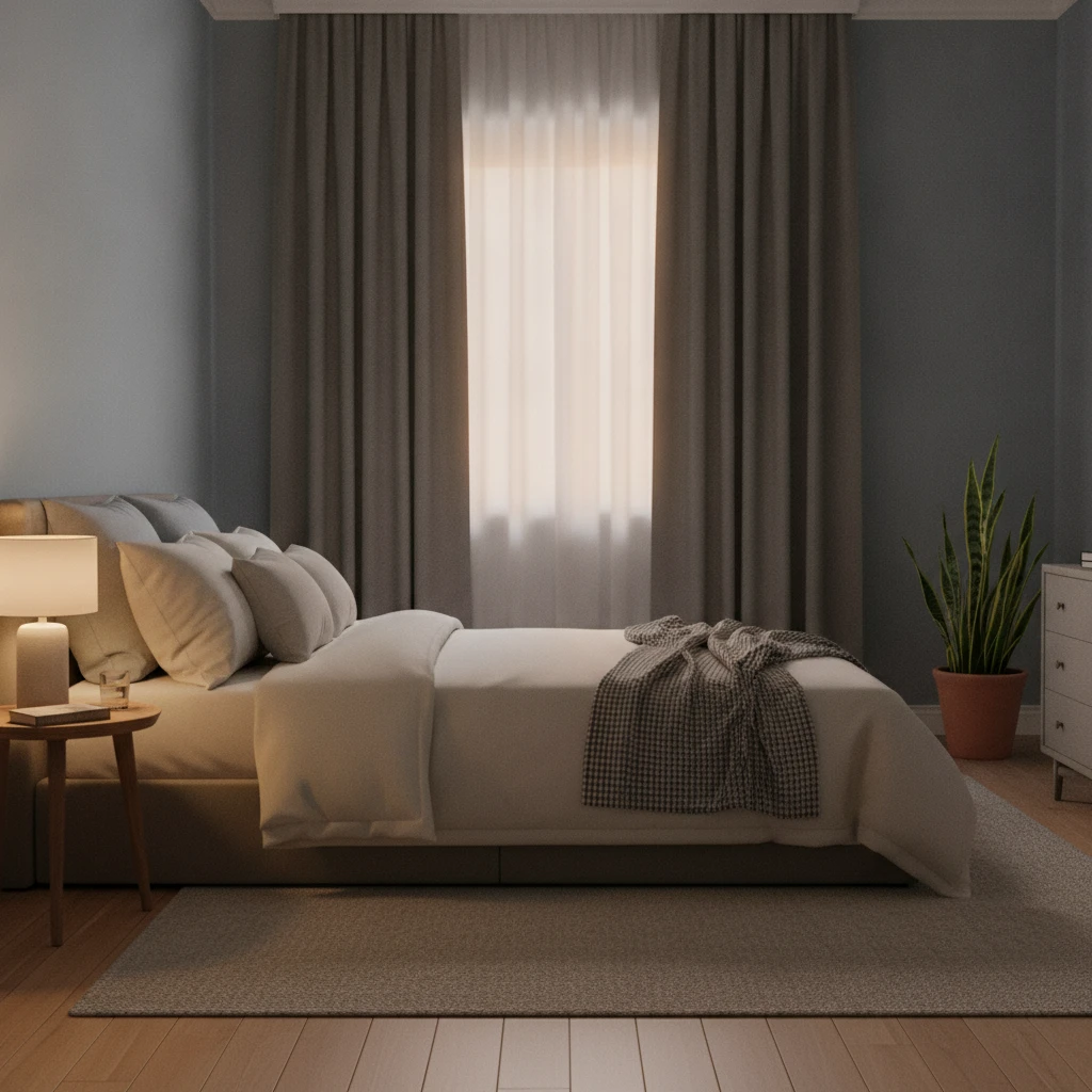 A serene bedroom scene with dim, warm lighting, neatly made bed, dark curtains, and minimal clutter, suggesting a calm and restful environment conducive to sleep.