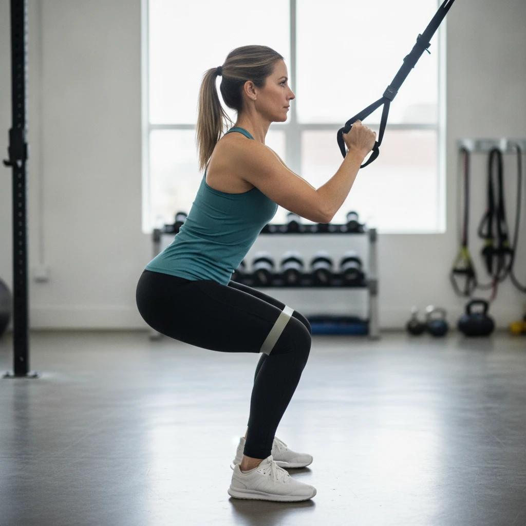 An adult woman in her 40s performing a modified squat with good form, demonstrating personalized exercise for joint health.