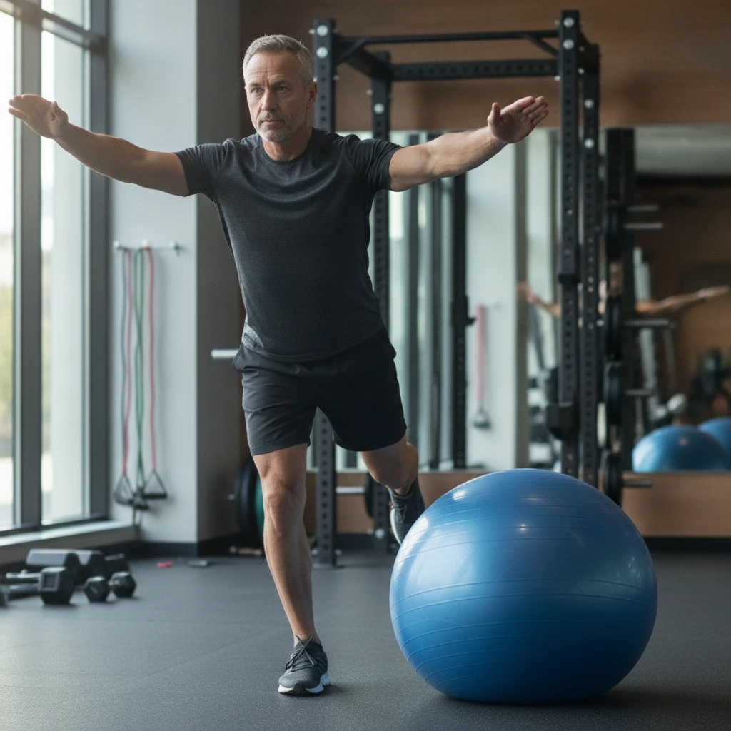 An adult man in his 50s performing a single-leg balance exercise with a stability ball, focusing on functional strength and balance.