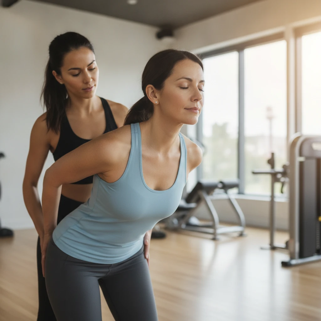 An adult woman in her 40s stretching gently with a personal trainer assisting, focusing on good posture and mindful movement in a modern, clean gym setting.