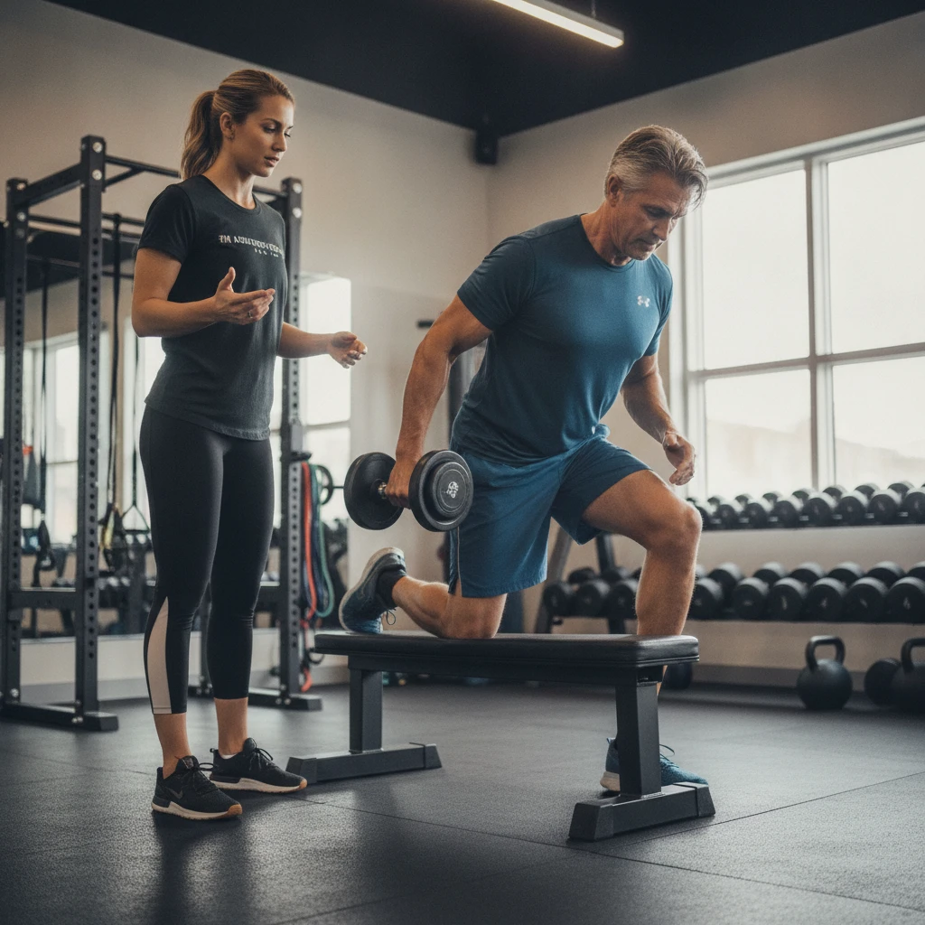 An adult man in his 50s performing a dumbbell row with excellent form, guided by a personal trainer who is observing closely and providing verbal cues in a well-lit training studio.