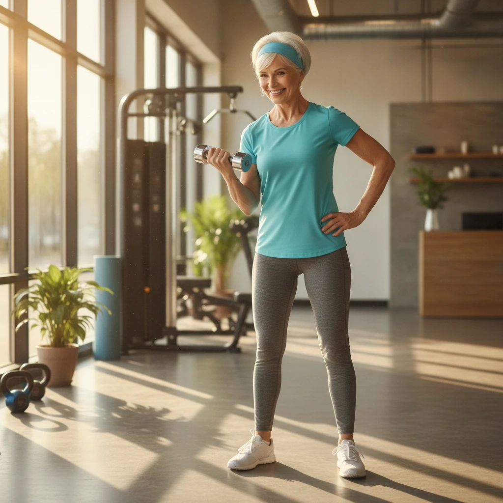 An older adult, perhaps in their 50s, smiling while performing a bicep curl with a light dumbbell, demonstrating focus and good form in a clean, modern gym environment. Sunlight streams through a wind